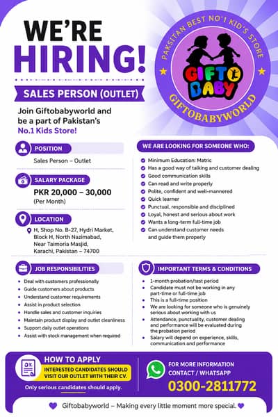 Sales Person – Outlet | Giftobabyworld