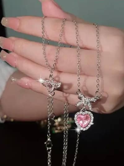 Pack of 2 Korean Heart Necklace Set - Pink + Angel Wings