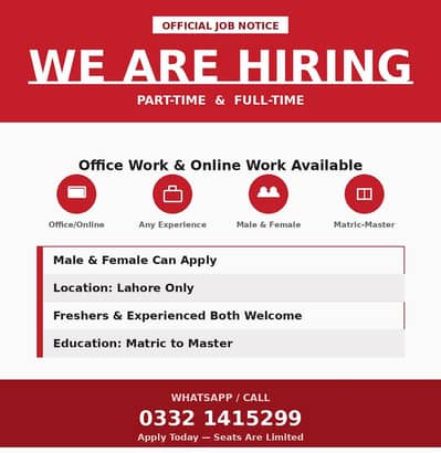 Official Hiring Notice Lahore – Male & Female Staff