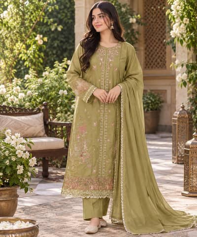 Olive Green Embroidered Lawn Suit | Ready to Wear