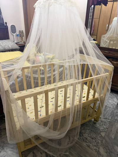 Wooden Baby Cot / Baby Crib with Mattress & Mosquito Net – Lahore
