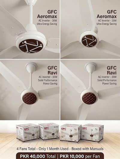 GFC 30W AC Inverter Ceiling Fans(2 Ravi+ 2Aeromax)-Almost New with box