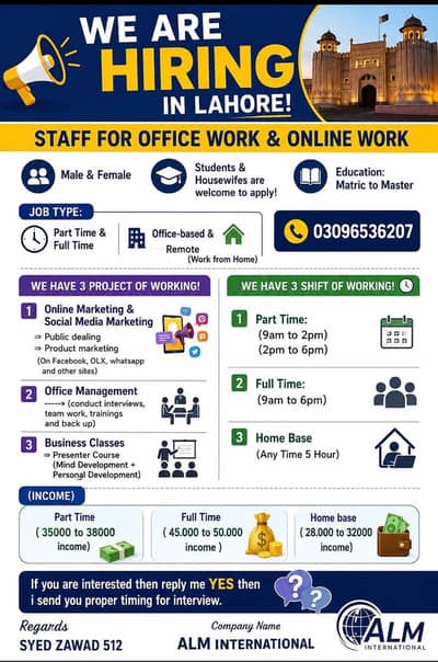 office & online work jobs Available - male & female (Lahore)