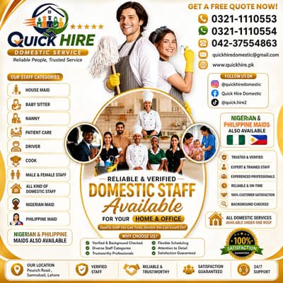 Domestic Staff, Maids, Nannies, Cooks & Drivers in Islamabad