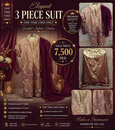 Elegant 3-piece embroidered suit| One Time Used| Premium Quality