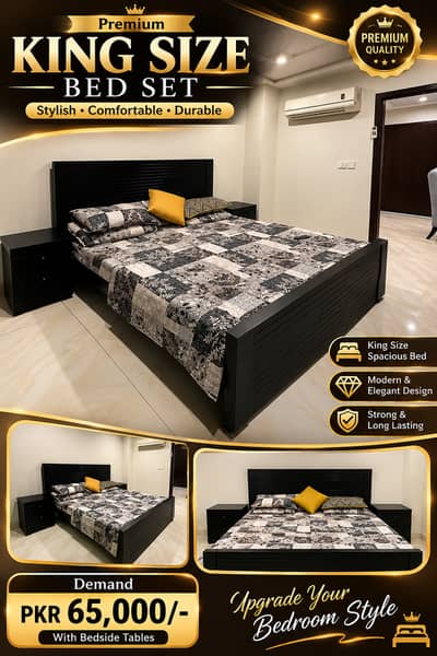 King Size Bed Frame Set with 2 Side Tables – Excellent Condtion