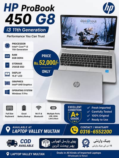 HP ProBook 450 G8 | i3 11th Gen | 8GB | 256GB SSD | 15.6" | Rs. 52,00