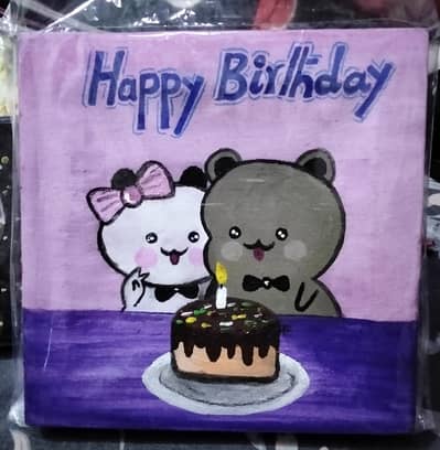 handmade cute panda and bear birthday canvas painting