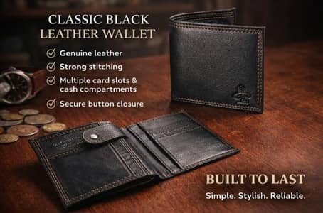 Classic Black Leather Wallet – Premium Men’s Bi-Fold Wallet