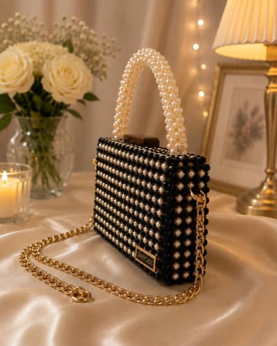 Stylish Black Pearl Beaded Handbag | Ladies Party Clutch