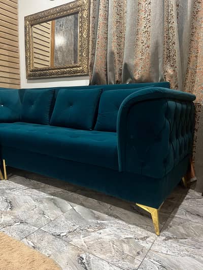 L shaped velvet sofa set with dewan and chairs