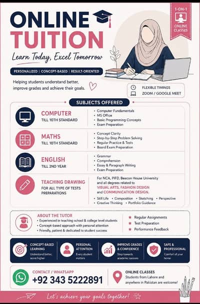 Excel in Exams with Personalized Online Tuition, Grades 1 to 2nd Year