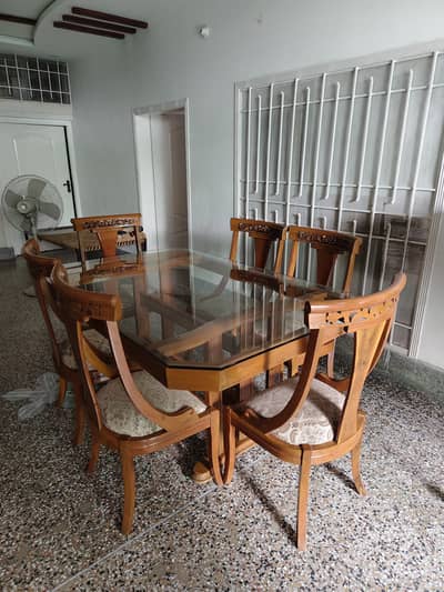 Solid Wooden 6-Seater Dining Table Set with Glass Top