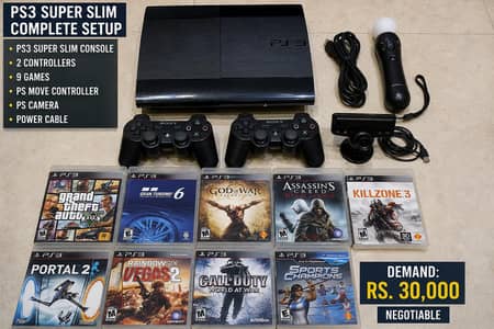 PS3 super slim Bundle – 9 Games + 2 Controllers + PS Move