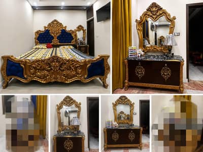 شاندار کنگ سائز بیڈ سیٹ برائے فروخت – Golden & Blue Design