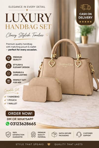 Beige Leather Handbag Set for Women