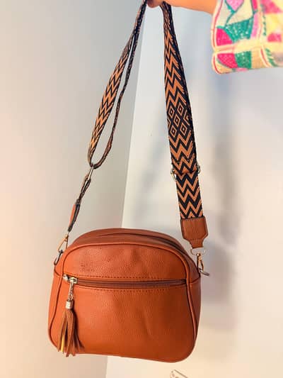 Brown Faux Leather Crossbody Bag with Printed Wide Strap & Tassel