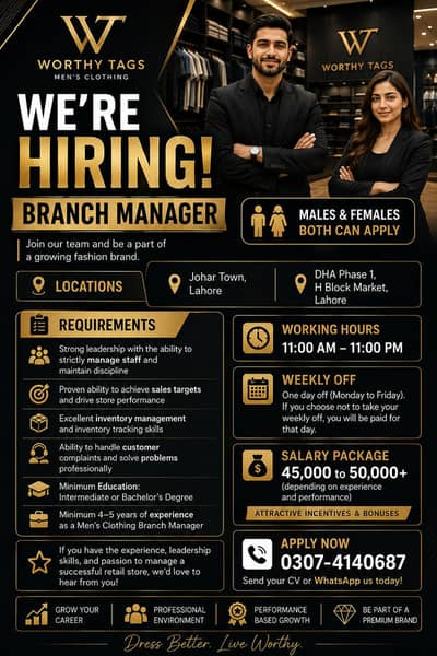 Branch Manager Required (Male & Female) Job Available Mens Clothing