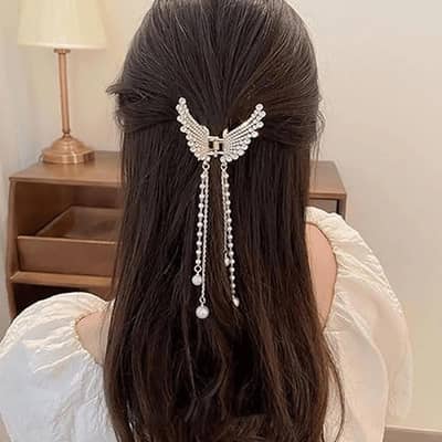 butterfly hair claw with zircon and pearl tassels silver gold