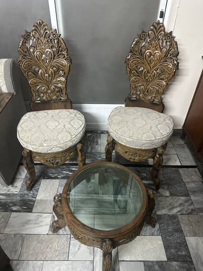 Chinioti Hand-Carved Chairs + Round Glass Coffee Table