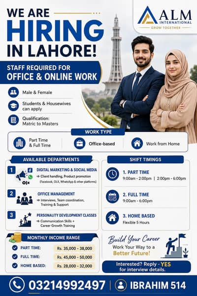 We Are hiring Urgent staff for Work