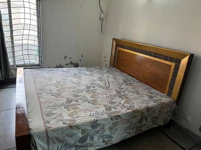 Elegant Wooden Double Bed with Decorative Gold Headboard and mattress
