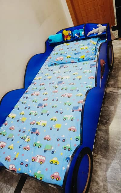 Kids Blue Race Car Bed Frame with mattress