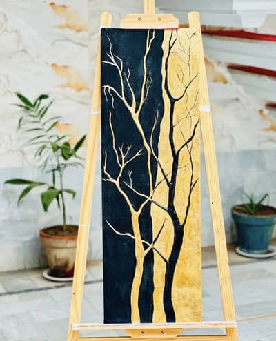 Handmade Abstract Wall Painting - Gold & Black Tree Art