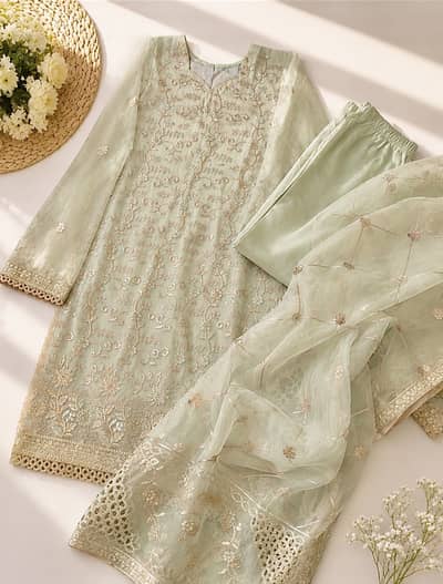 Elegant Mint Green 3- Piece Embroidered Suit / Beauitful dupatta