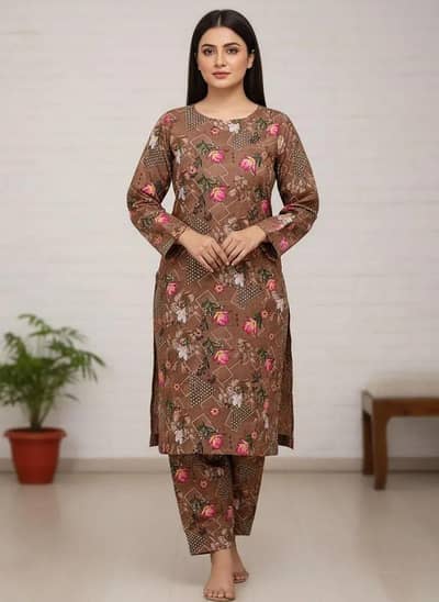 Brown Floral Polo Cotton 2-Piece Suit For Women - Unstitched - New