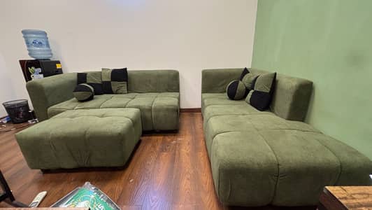 L-Shaped 7-Seater Towel Fabric Sofa Set Olive Green  ISB/RWP