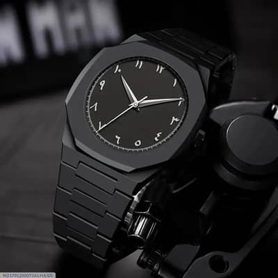 Black stainless steel men's watch with white Numerals