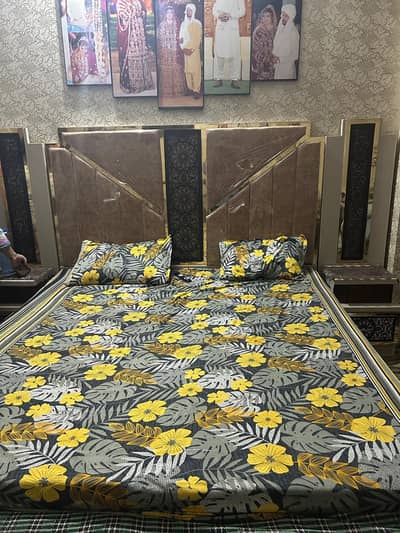king size bed with setti without mattress with two side table