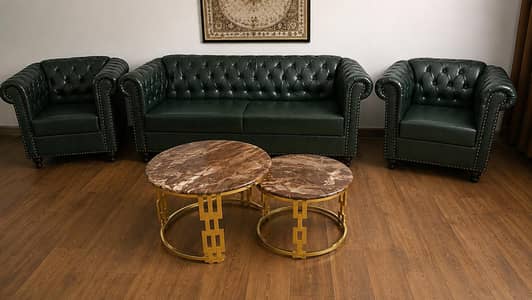 Emerald green & Cream colour 7 seater Chesterfield sofa set