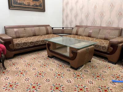 6-Seater L-Shaped Sofa Set with Coffee Table (Brown Color) - Excellent