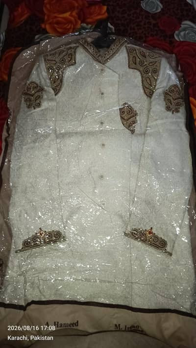 White Embroidered Sherwani – Golden & Maroon Design