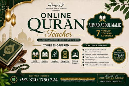 Home and online Quran Teacher available 03201750224