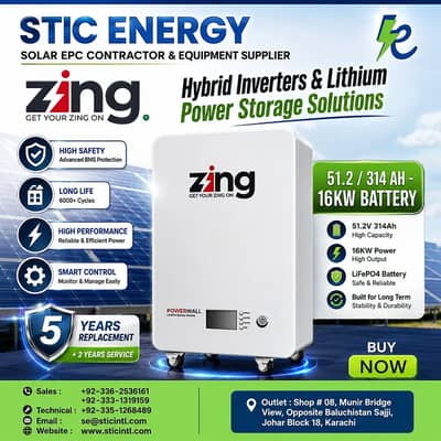 ZING 51.2V 314Ah 16kW Lithium Battery | Solar Powerwall Karachi