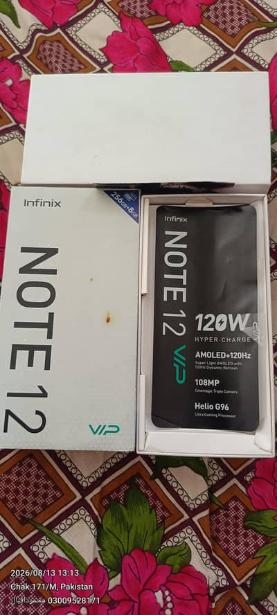 Infinix note vip 8+5 256 gb with 120 waat chager