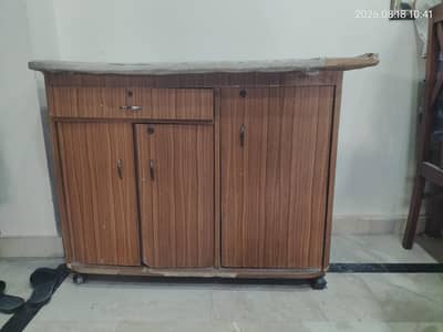 Moveable Wooden Iron Stand Cabinet with Storage & Drawers