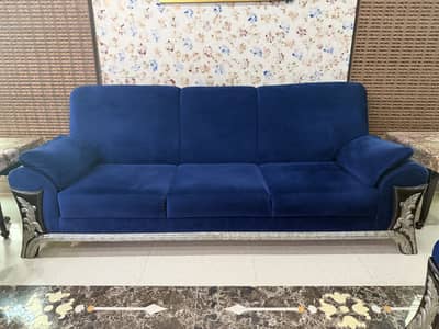 Solid Wood 7 Seater Sofa Set | Blue Velvet | Carved Design