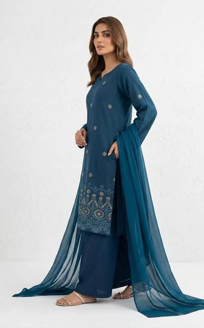 Peacock Blue Embroidered Kurta Set with Chiffon Dupatta