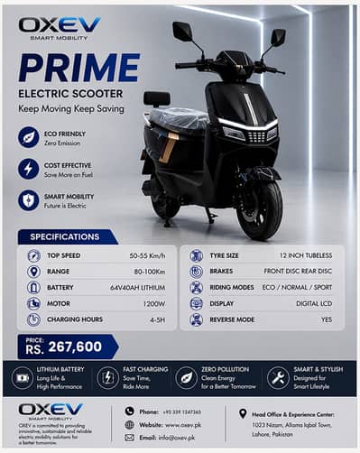 OXEV Prime Electric Scooter | 1200W Motor | 100KM Range | Brand New