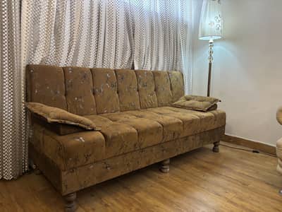 Brown Velvet-Style Sofa Bed (Futon) with Cushions