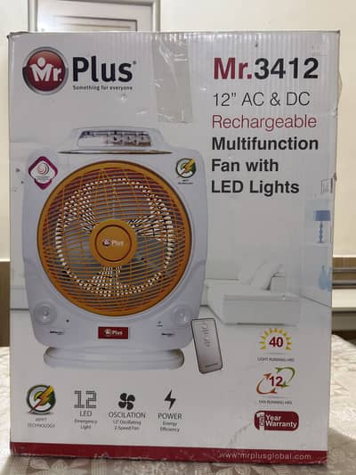 Mr Plus 12” AC and DC Rechargeable Multifunction Fan with LED lights.