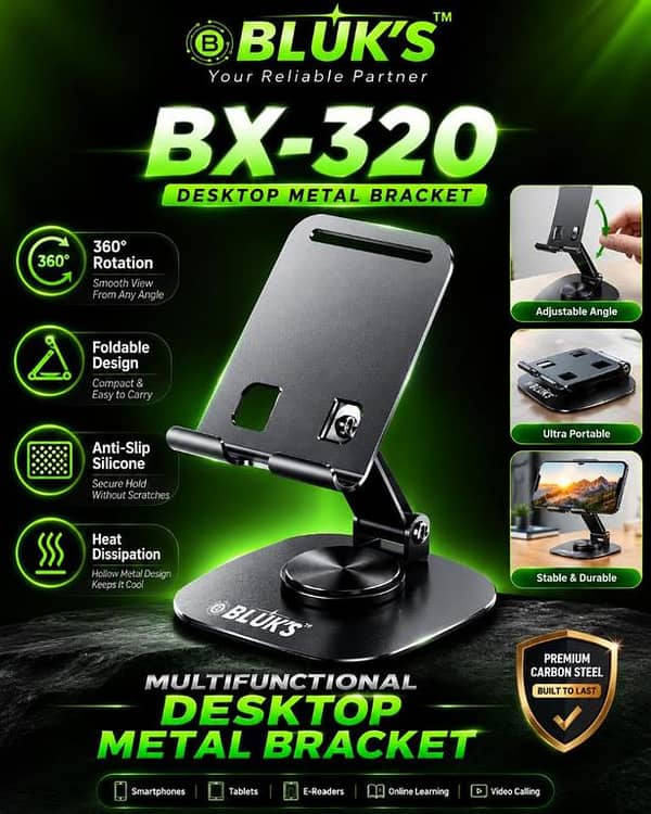 BLUK'S BX320 Multifunctional Desktop Metal Mobile Stand – 360° Rotating Adjustable Foldable Anti-Slip Phone & Tablet Holder with Premium Carbon Steel Build