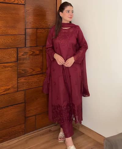 Rose Wine 3 piece Embroidered Lawn Cotton Suit
