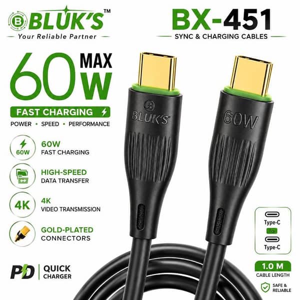 BLUK'S BX-451 Type-C to Type-C 60W Max Sync & Charging Cable – PD Fast Charging, High-Speed Data Transfer, 4K Video Output, Gold-Plated Connectors, Premium Durable 1M USB-C Cable for Phones, Tablets, Power Banks & Laptops