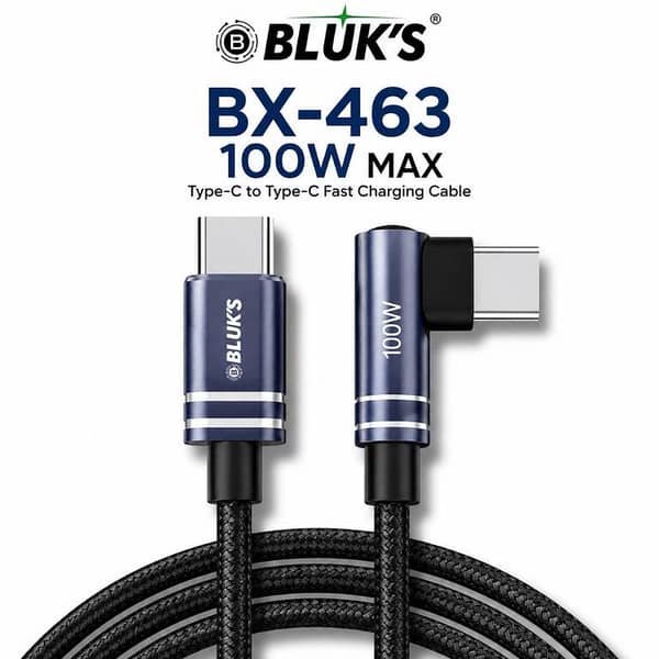 BLUK'S BX-463 100W Type-C to Type-C Fast Charging Cable – L-Shaped Elbow Design, Aluminum Alloy Connectors, Braided Nylon Cable, PD Fast Charge, High-Speed Data Transfer, Laptop & Smartphone Compatible, 1 Meter