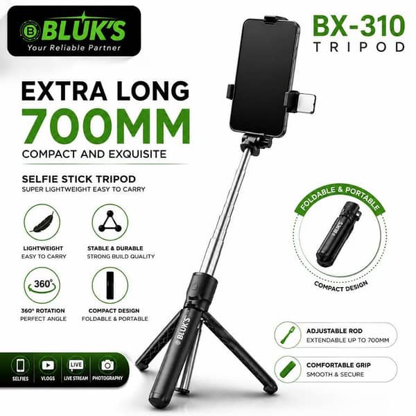 BLUK'S BX-310 Extendable Selfie Stick Tripod – 700mm Portable Mobile Phone Stand with 360° Rotation, Adjustable Telescopic Rod, Foldable Compact Design for Selfies, Vlogging, Live Streaming & Photography No Ratings